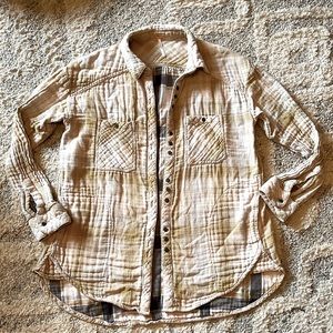 Free People Thick Gauzy Cotton Plaid Button-up with Pockets EUC